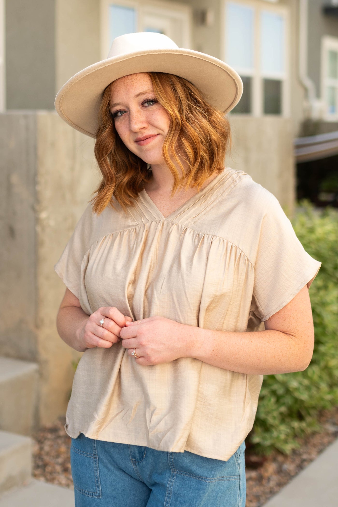 Front view of a medium beige top