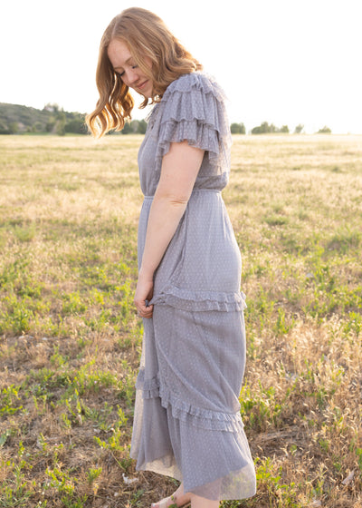 Side view of a blue gray dress