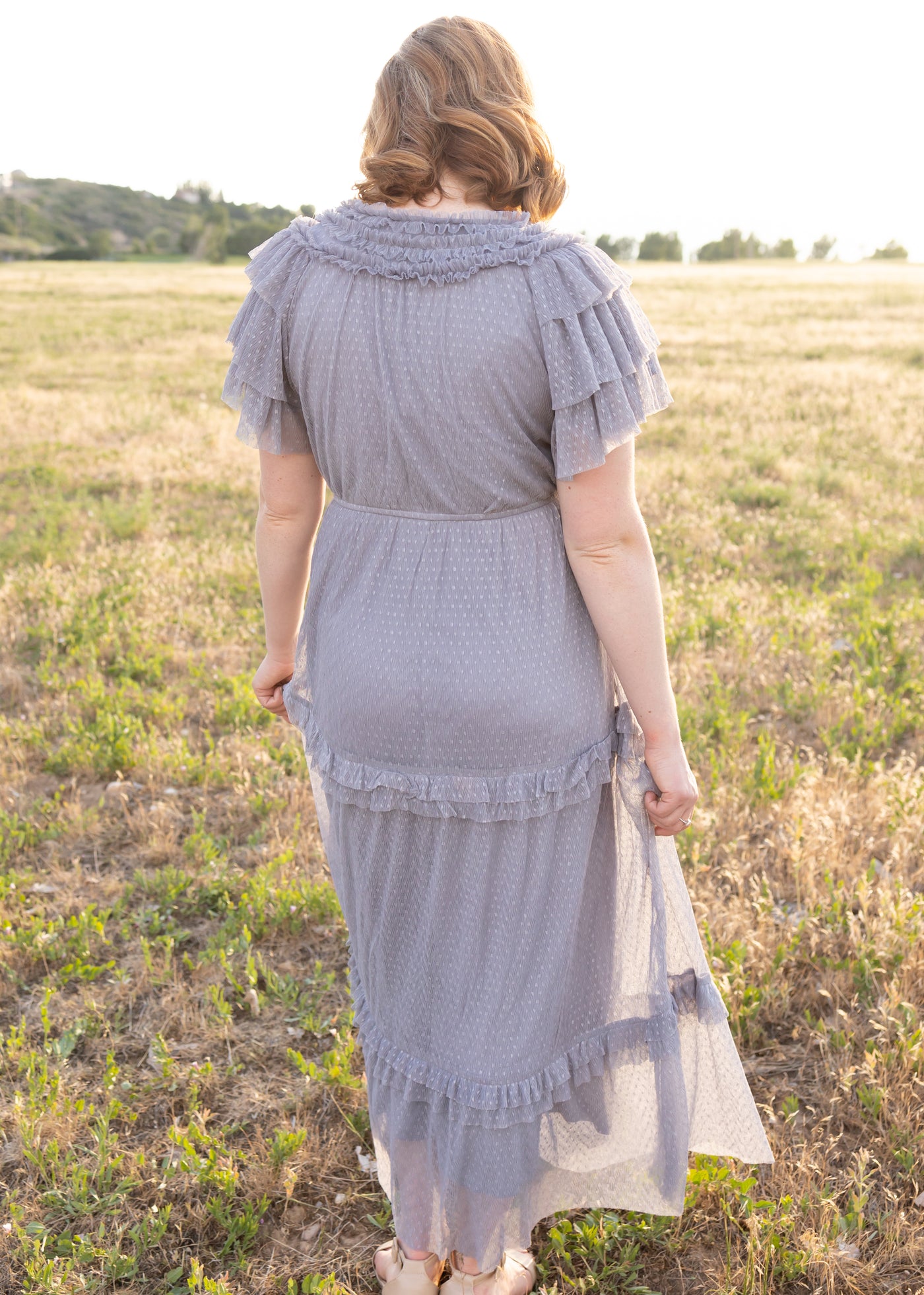 Back view of a blue gray dress