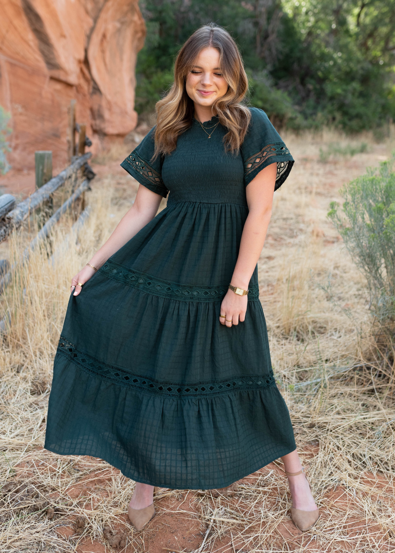 Hunter green dress with a tiered skirt