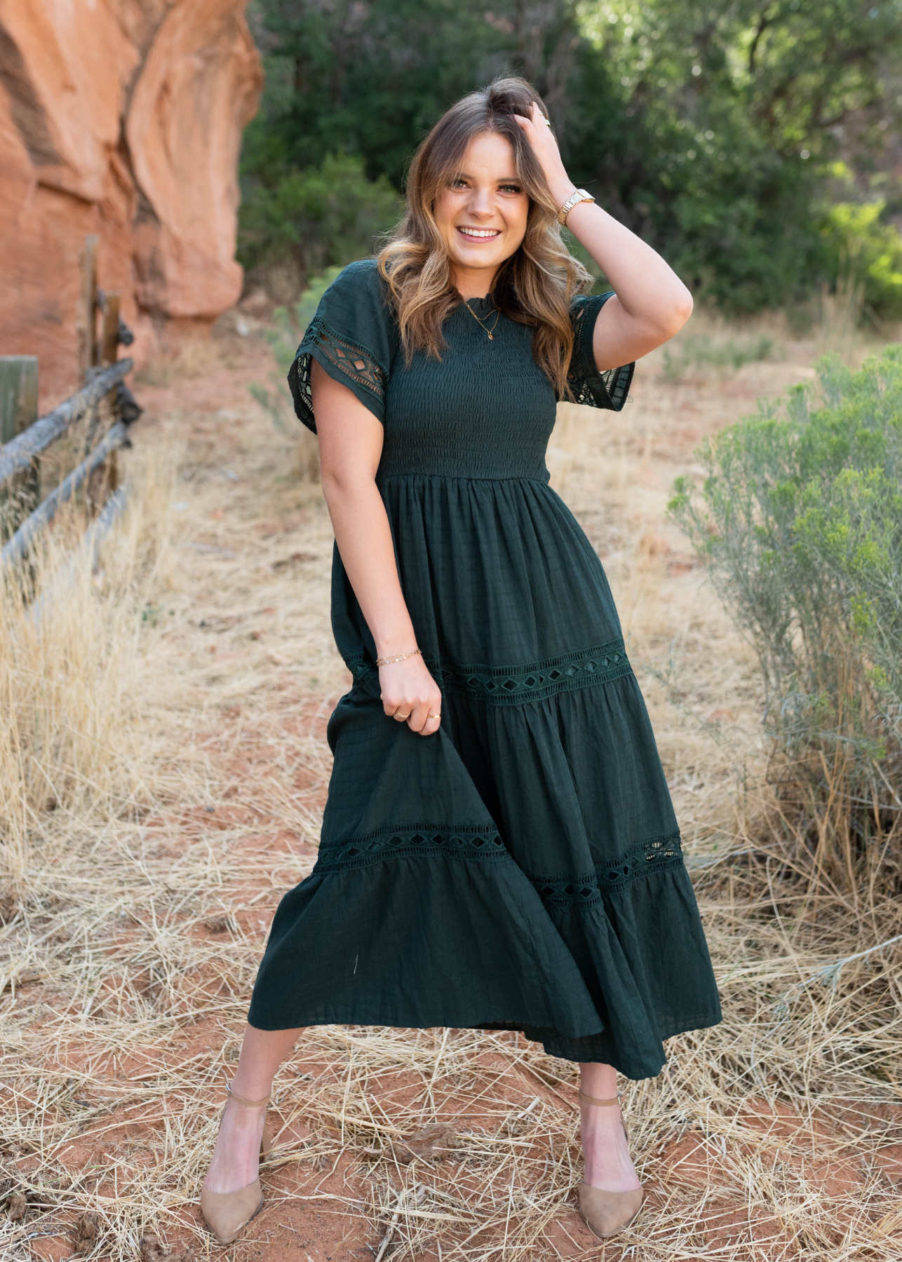 Hunter green dress with smocked bodice