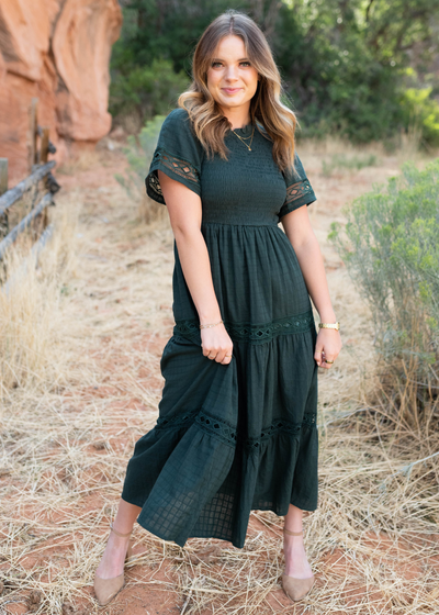 Hunter green dress with short sleeves