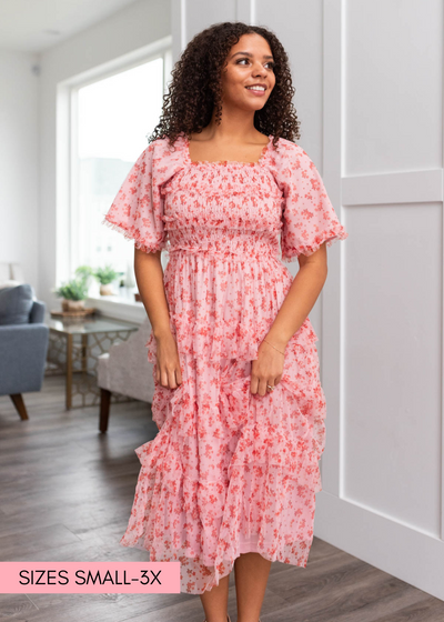 Pink mesh tiered dress with smocked bodice