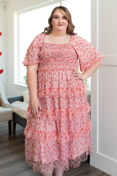 Plus size pink mesh tiered dress with smocked bodice and short sleeves