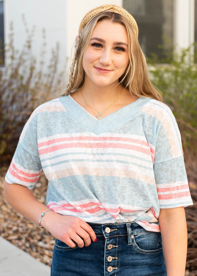 Blue v-neck stripe shirt with short sleeves