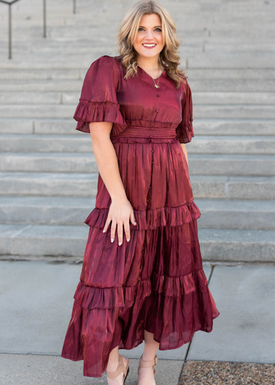 Burgundy ruffle dress with elastic waist