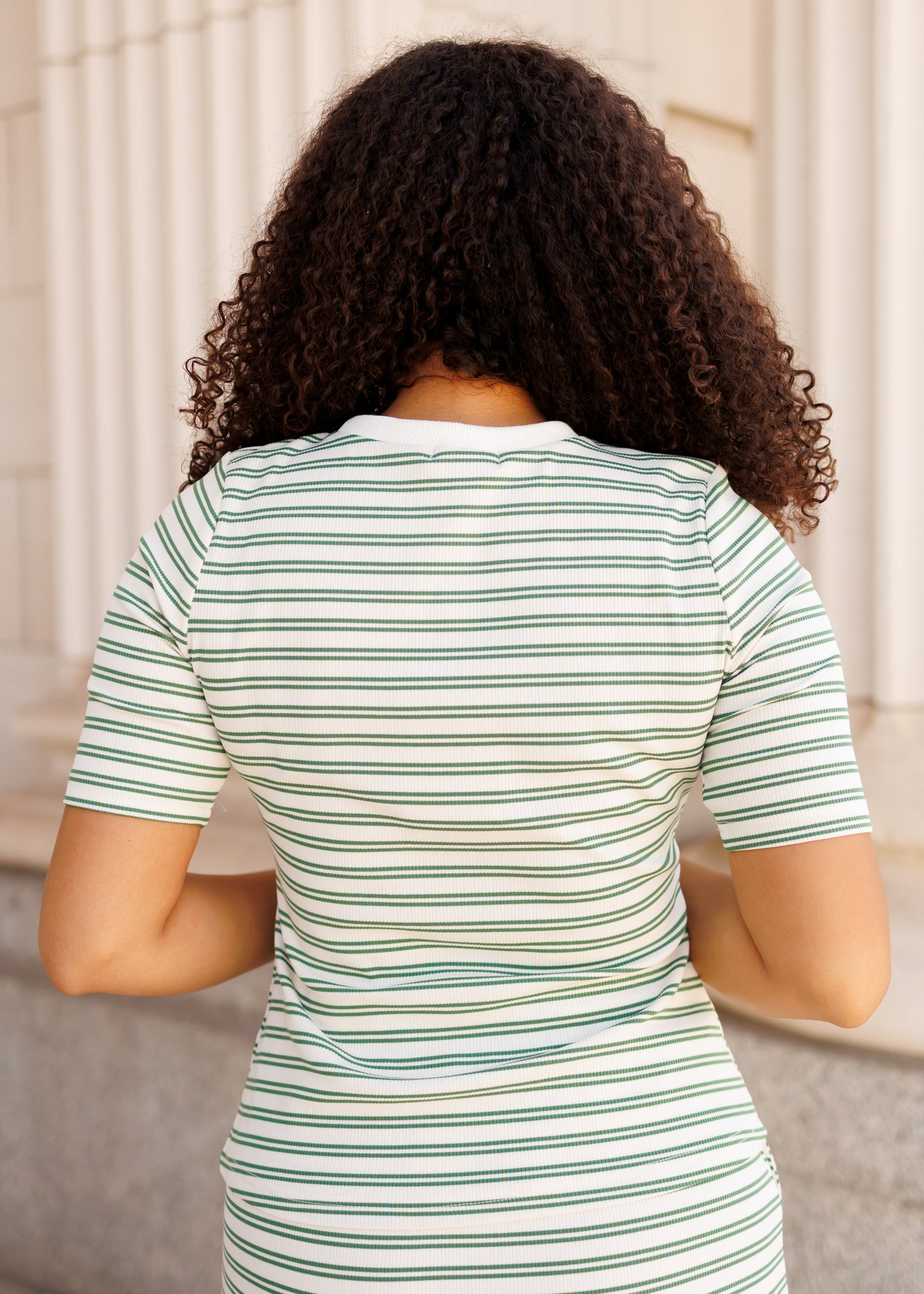 Back view oft he green striped top