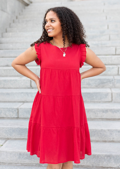 Red ruffle mini dress with tiered cut