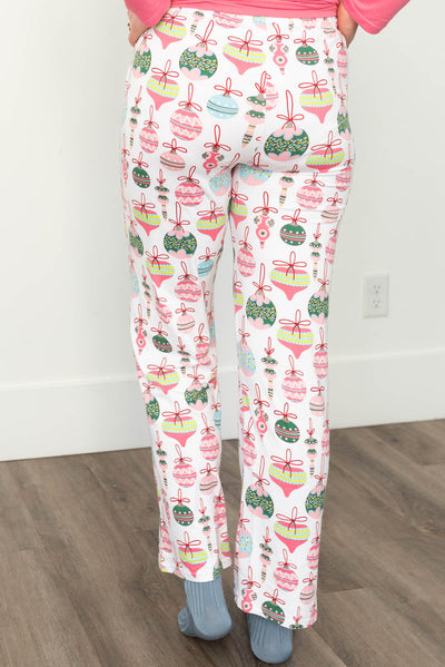 Back view of the holiday ornament pj pants