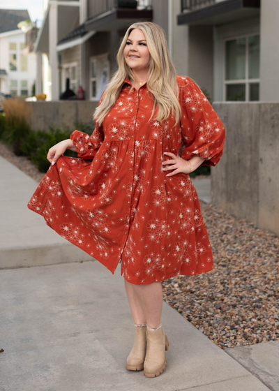 Knee length rust corduroy embroidered dress