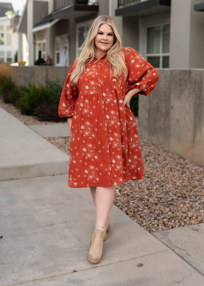 3/4 sleeve plus size rust corduroy embroidered dress with a collar