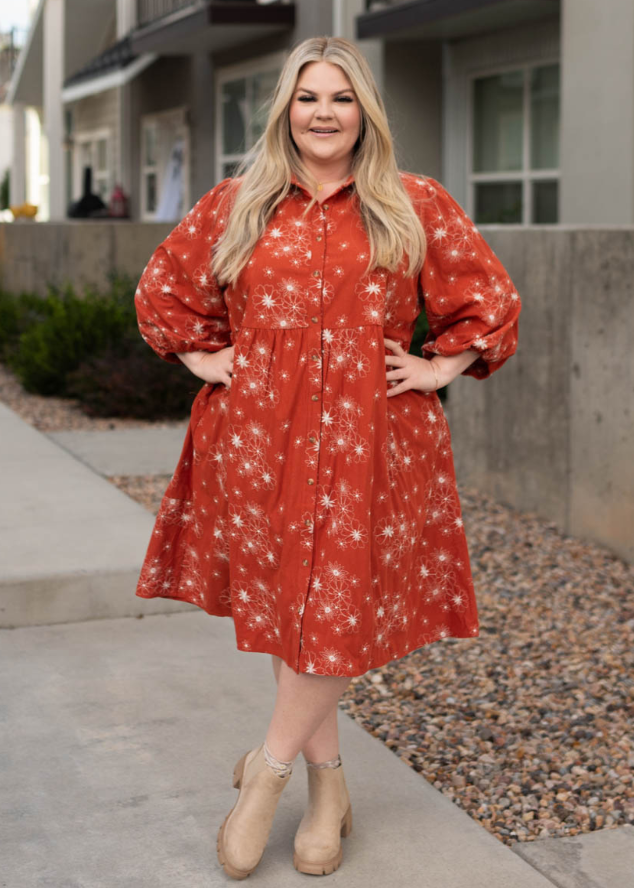 Button up the front plus size rust corduroy embroidered dress