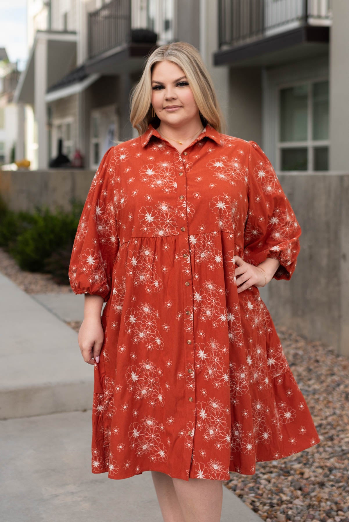 Plus size rust corduroy embroidered dress with 3/4 sleeves