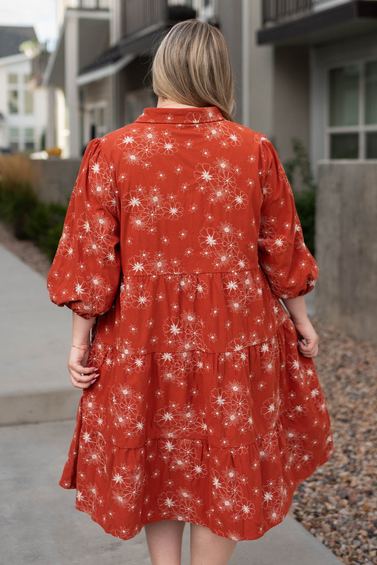 Back view of the rust corduroy embroidered dress