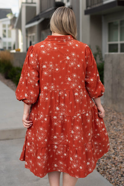Back view of the rust corduroy embroidered dress