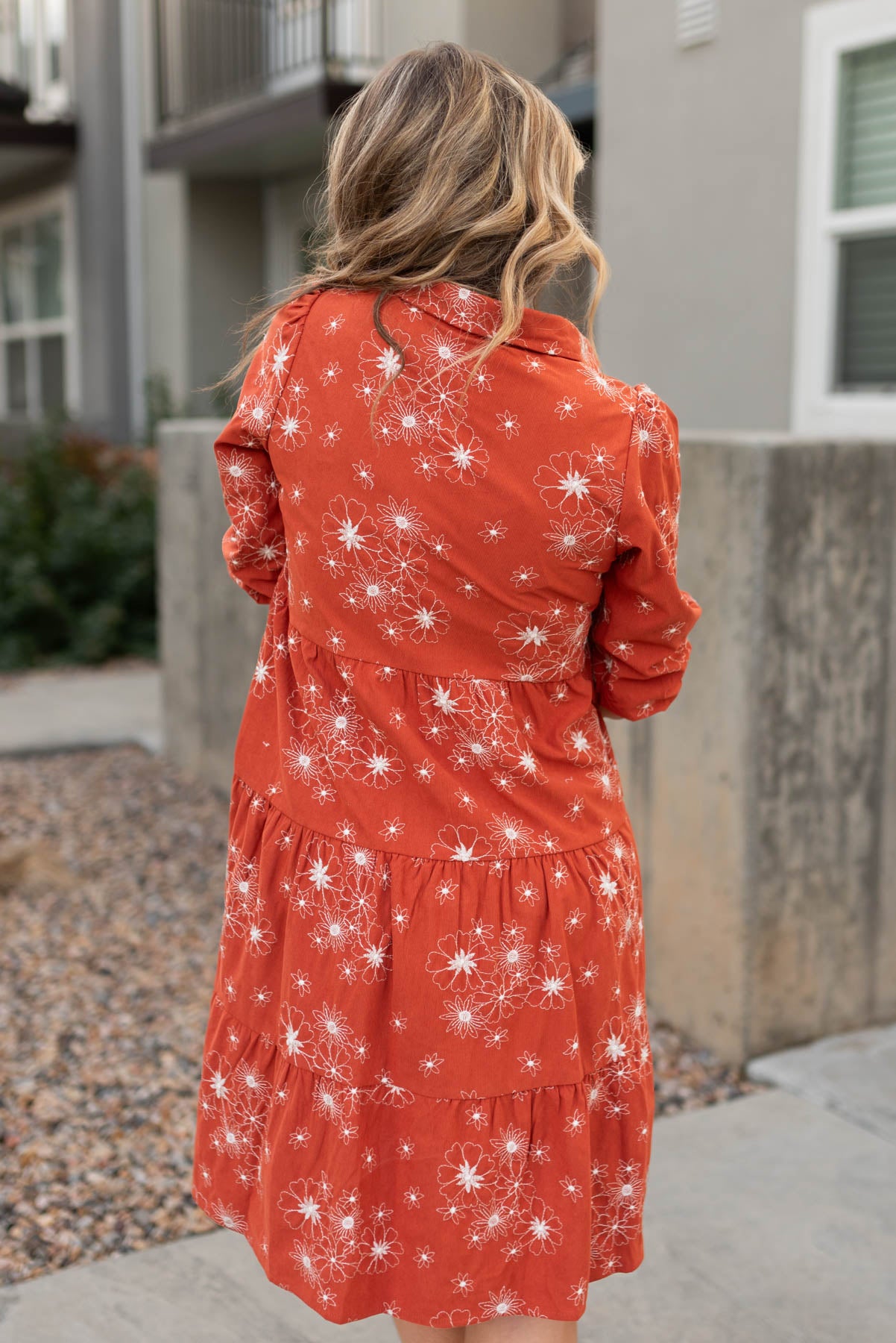 Back view of a rust corduroy embroidered dress
