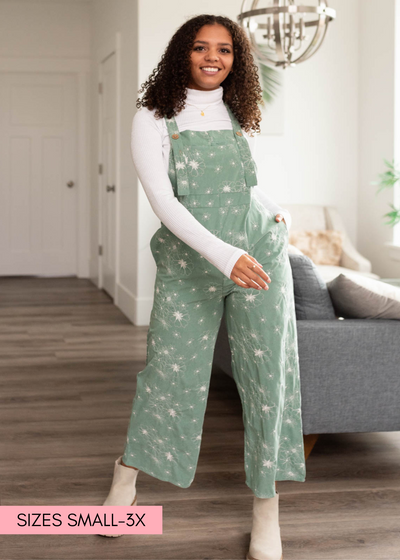 Crop green embroidered overalls with pockets