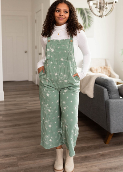 Wide leg green embroidered overalls with pockets