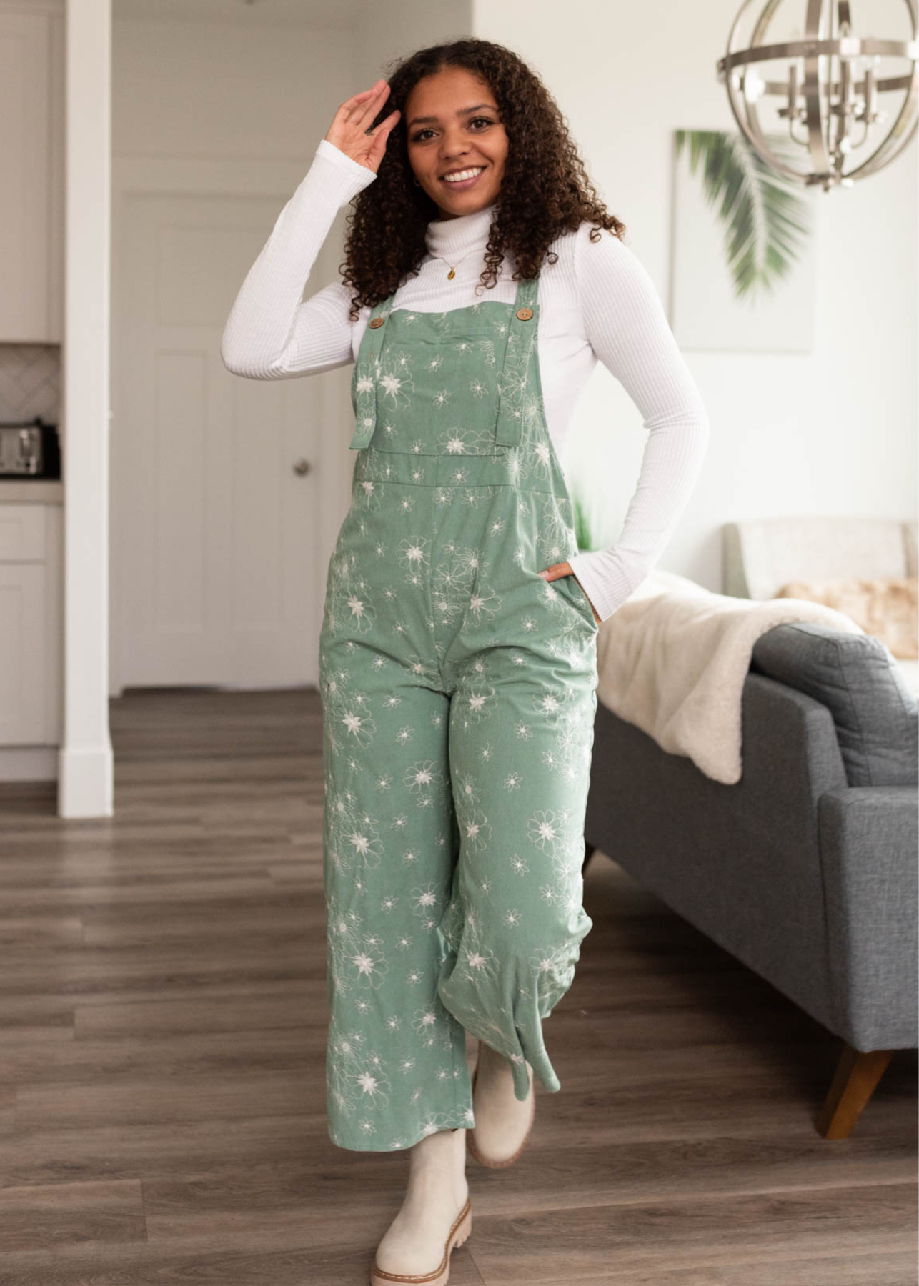 Green embroidered overalls