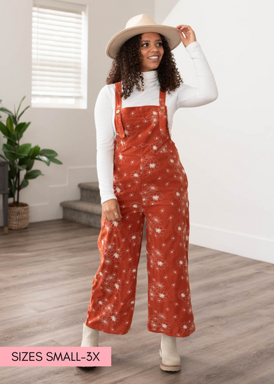 Wide leg crop rust embroidered overalls