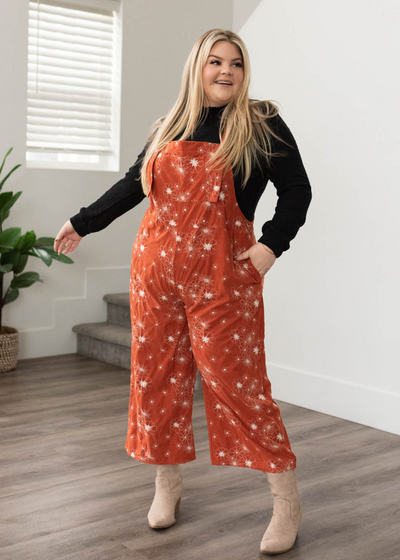 Wide leg crop rust embroidered overalls with pockets