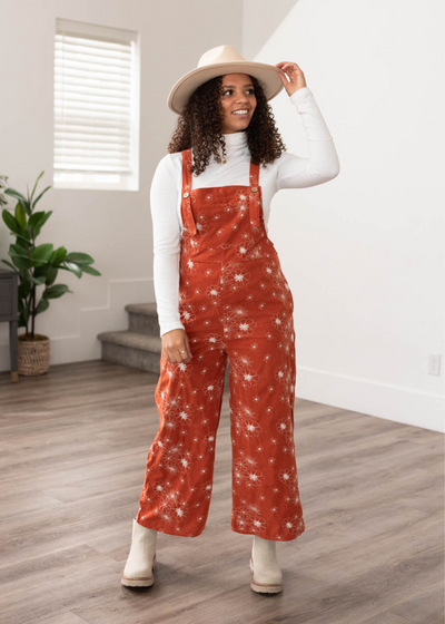 Wide leg rust embroidered overalls