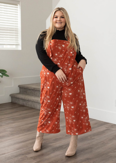 Plus size rust embroidered overalls