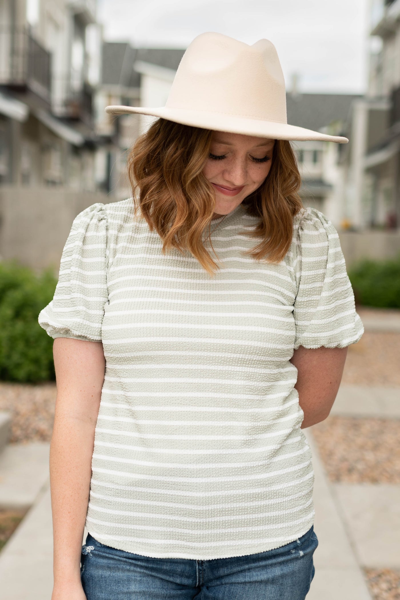 Short sleeve sage stripe top with puff sleeves