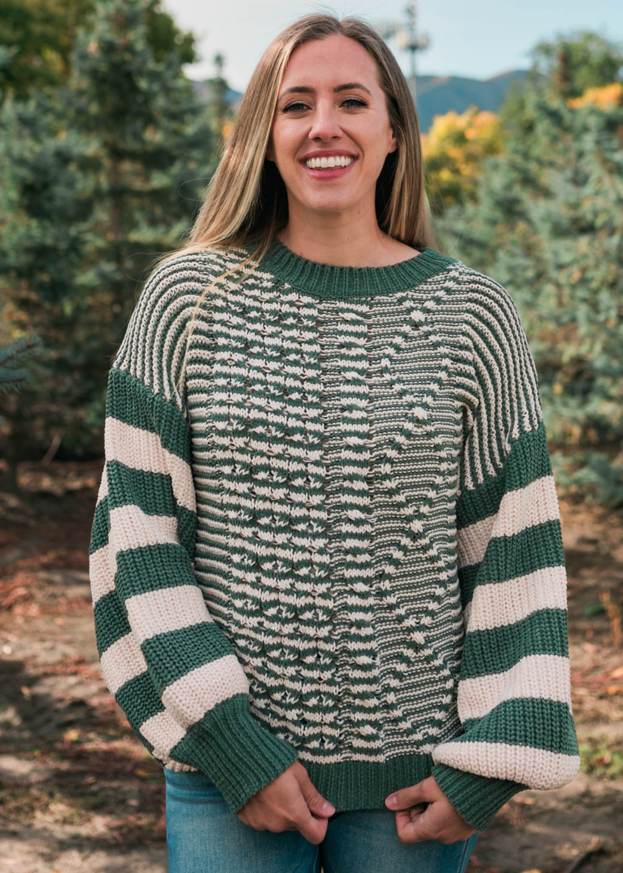 Long sleeve green stripe knit sweater