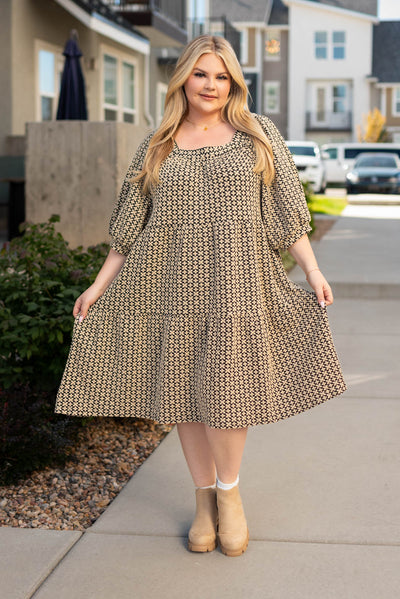 Black pattern tiered dress with 3/4 sleeves