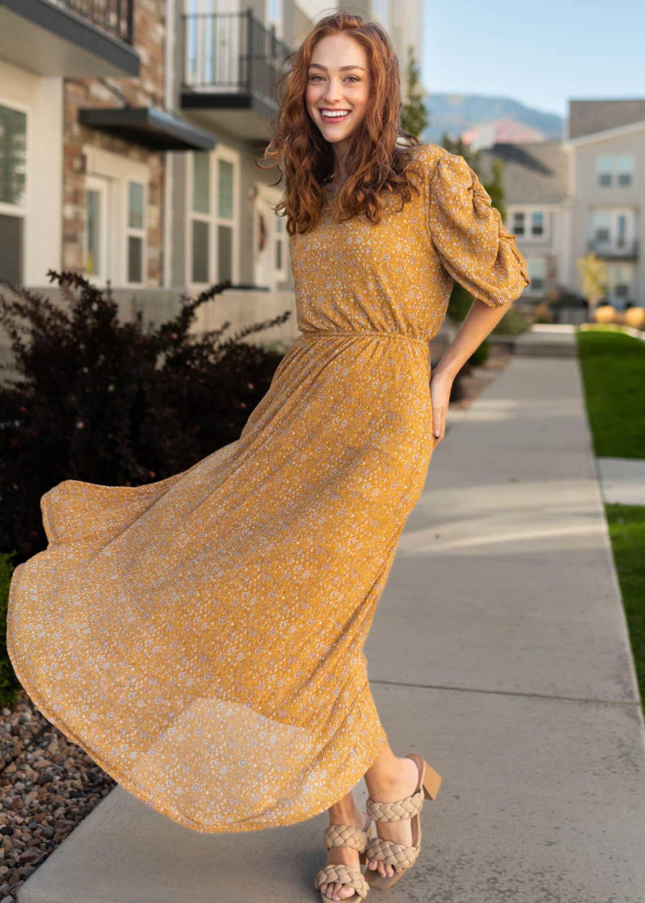 Kyra mustard dress with 3/4 sleeves