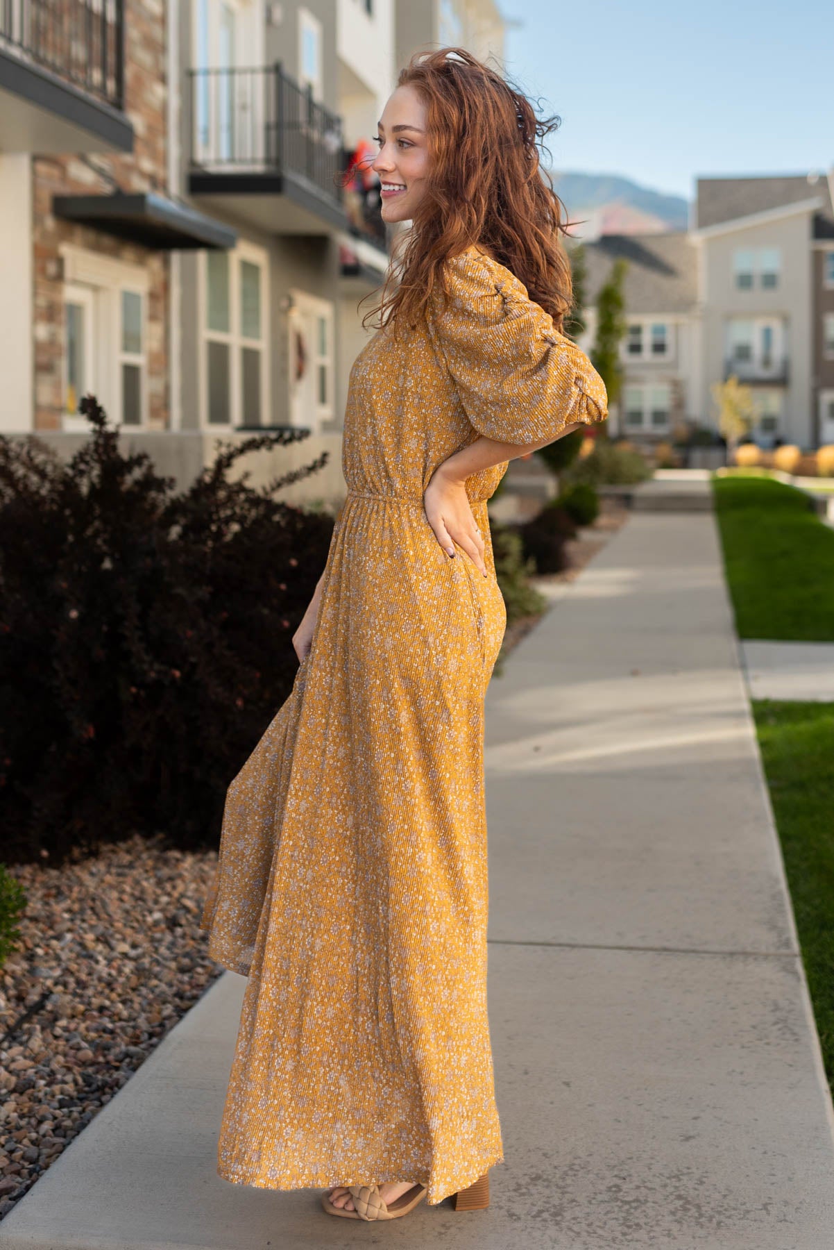 Side view of a mustard dress