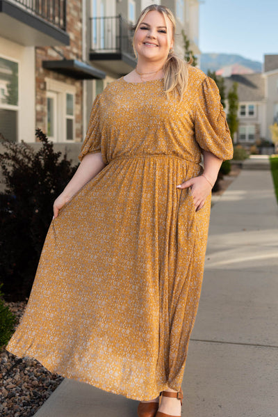 Plus size Kyra mustard dress with pockets and elastic waist