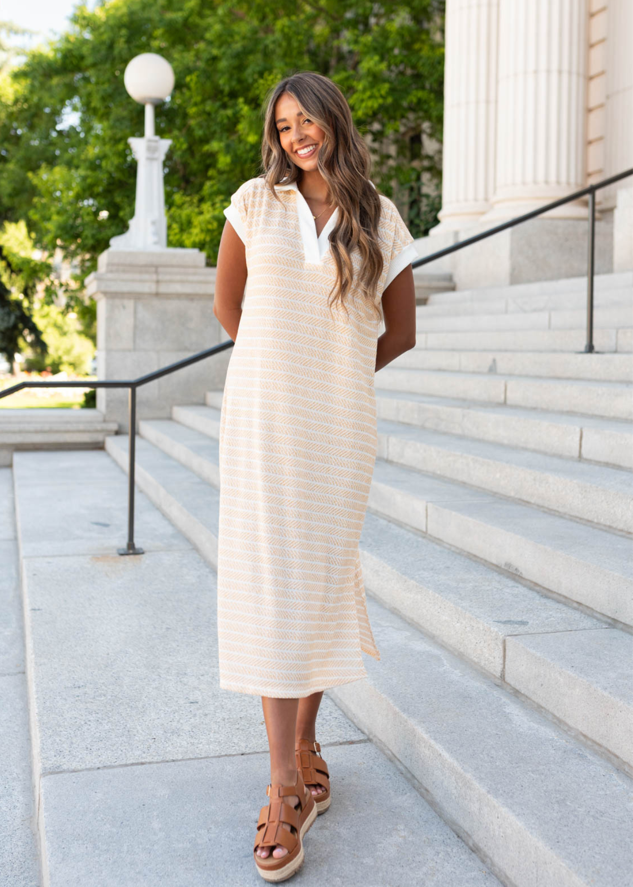 Cap sleeve yellow knit t-shirt dress