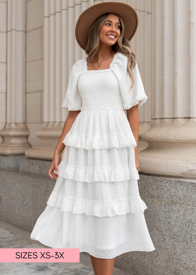 Short sleeve white dotted tiered dress