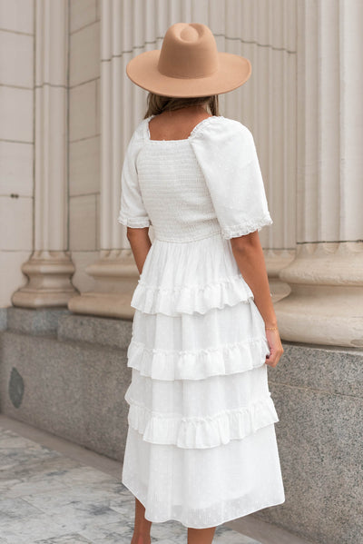 Back view of the white tiered textured dress