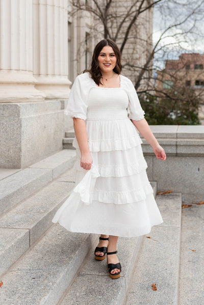Plus size white tiered textured dress with a square neck