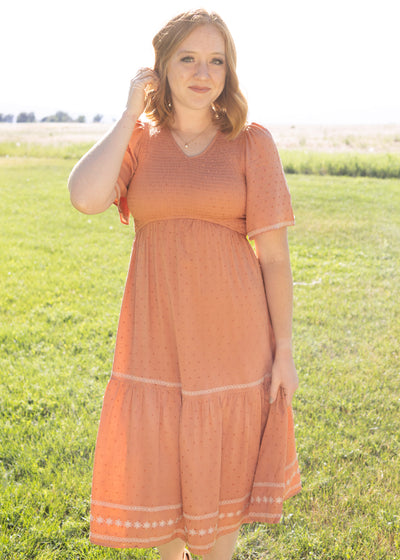Short sleeve terracotta dress with smocked bodice