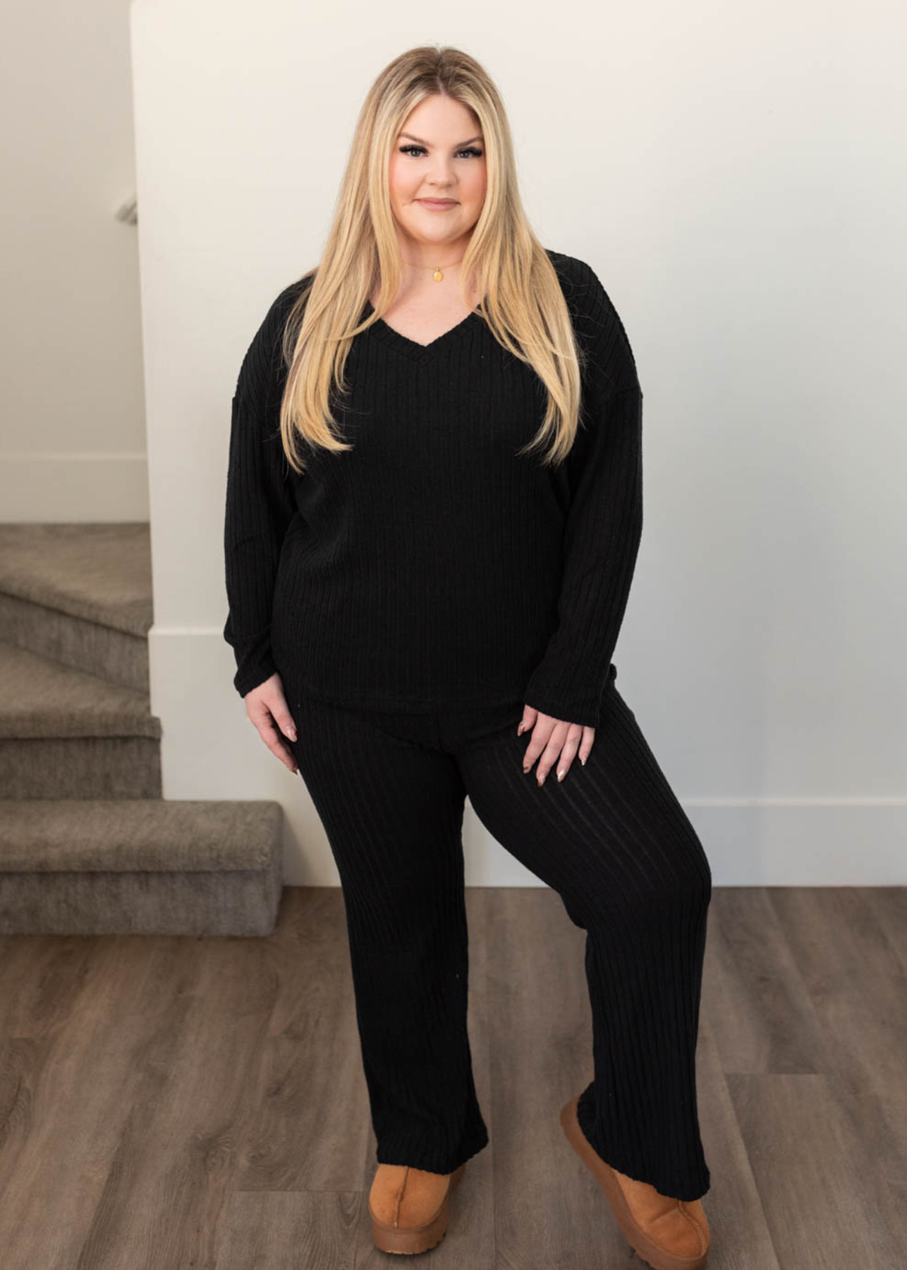 Plus size black ribbed lounge set