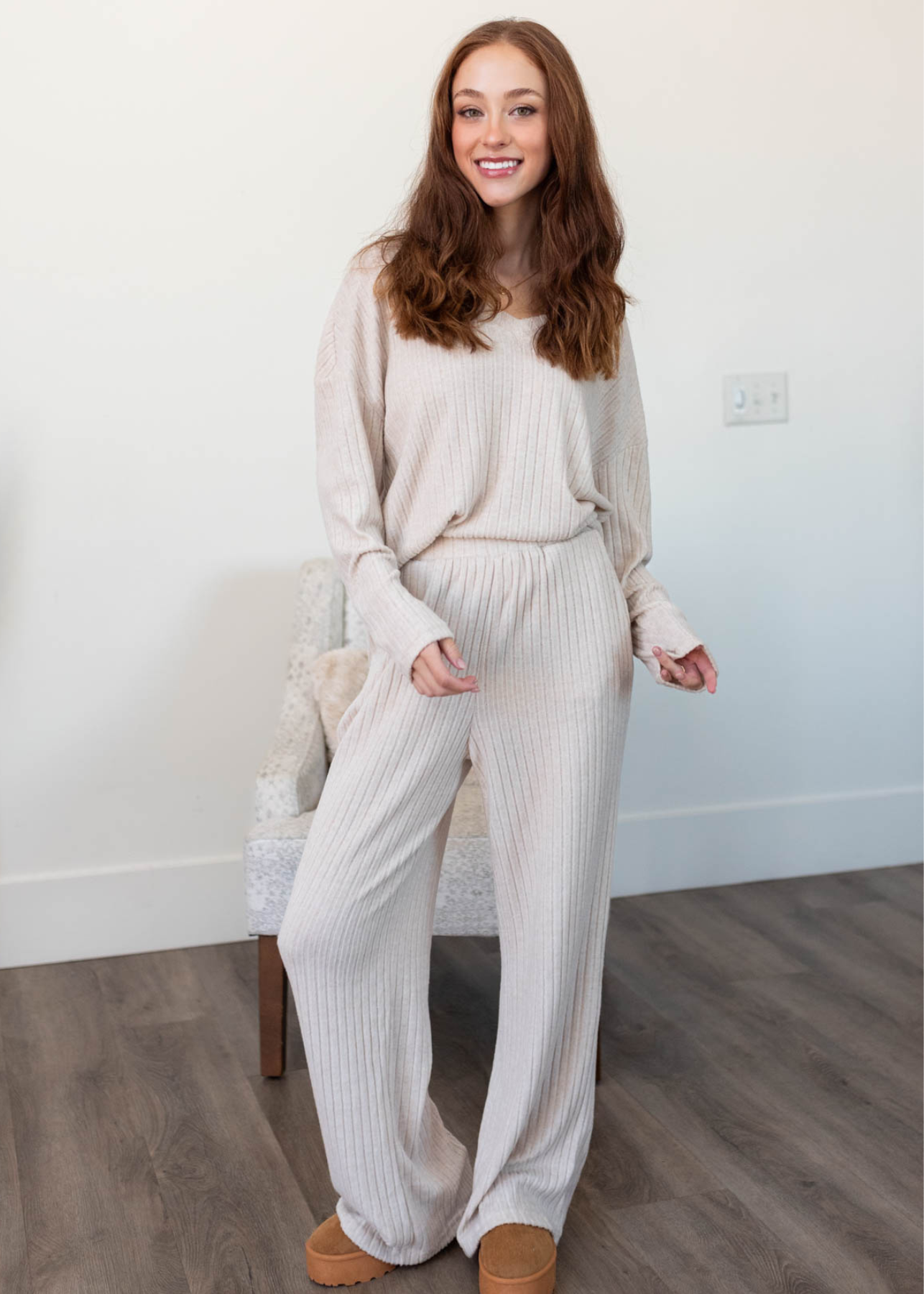 Khaki ribbed lounge set