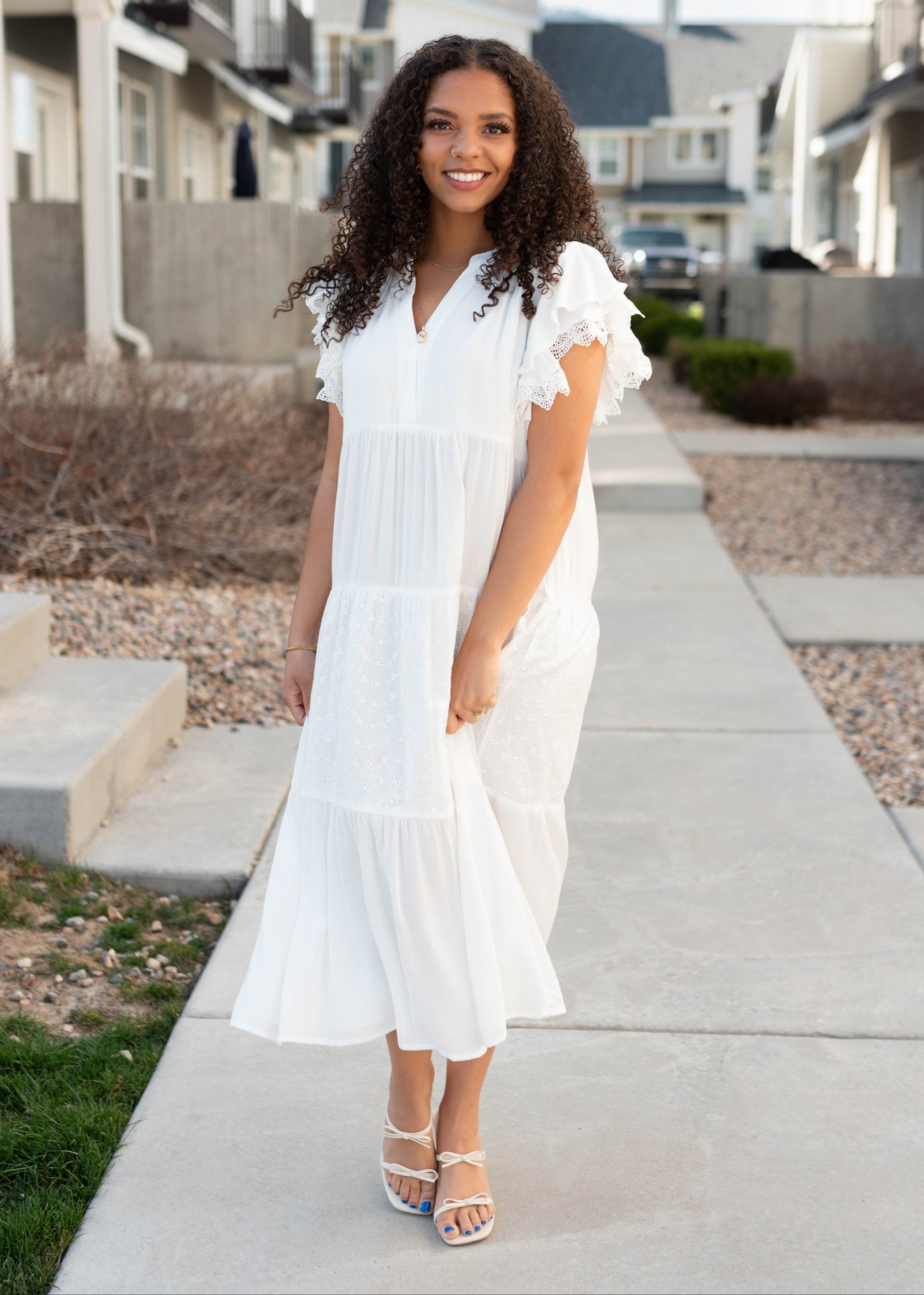 Tiered white ruffle sleeve dress