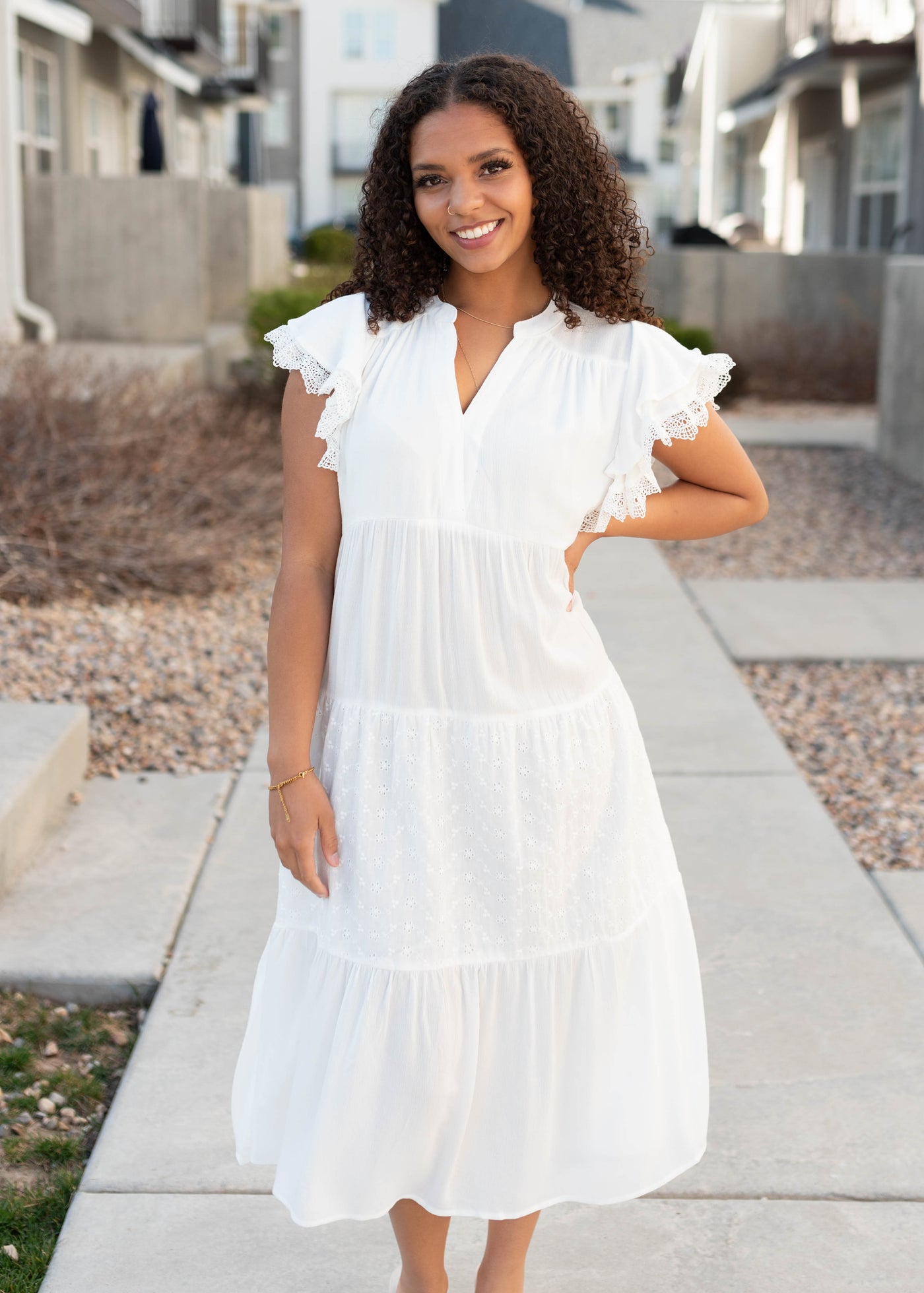White ruffle sleeve dress