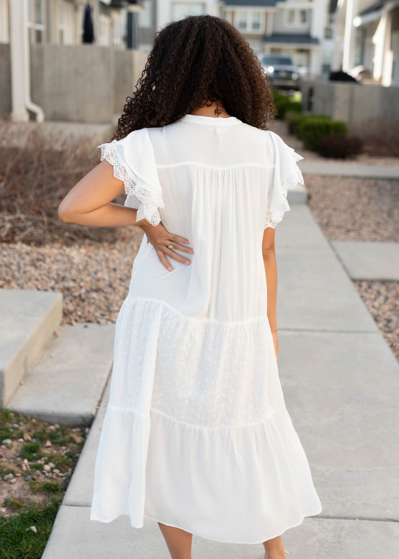 Back view of the white ruffle sleeve dress