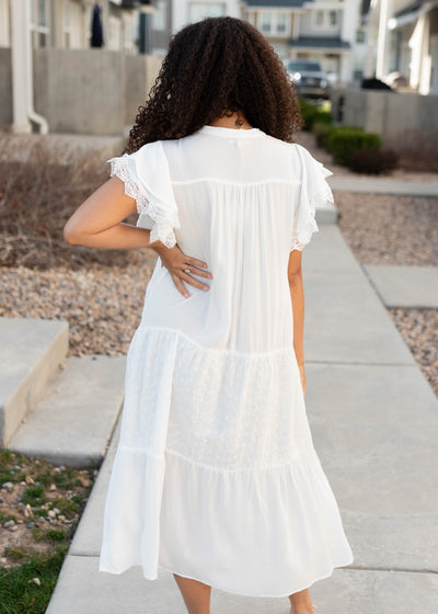 Back view of the white ruffle sleeve dress