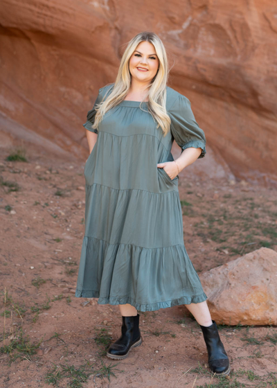 Plus size dark moss dress with pockets