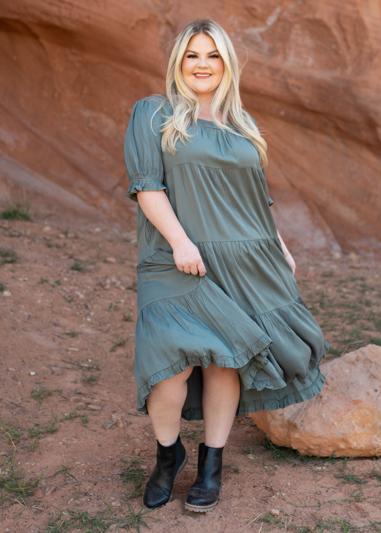 Plus size short sleeve dark moss dress with a square neck