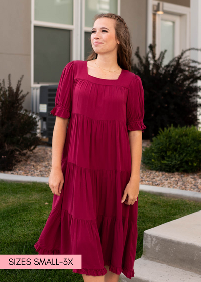 Tiered ruby red dress with a square neck