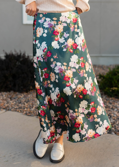 Front view of a satin floral skirt