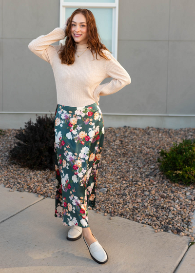 Long satin floral skirt