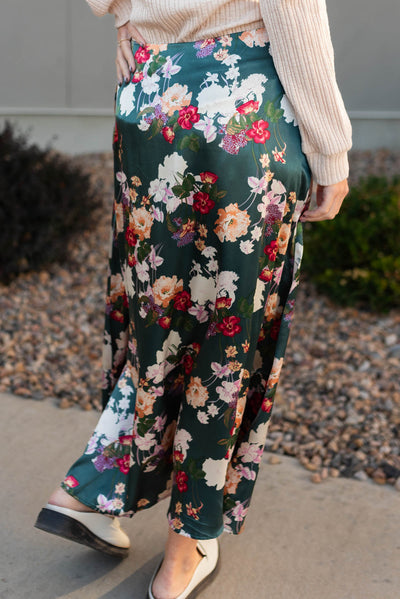 Back view of a satin floral skirt